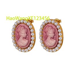 Vintage Ins French Style 18K Golden Pleated Titanium Steel Pink Beauty Embossment Pearl Earrings For Women Jewellery