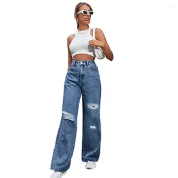 Women's Jeans Fashion High Waist Eyelet Chain Ripped Street Wear Straight Legging Zipper Ladies