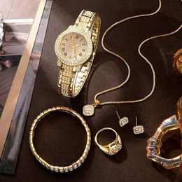 Women's Watches Golden Women Ring Necklace Earrings Rhinestone Fashion Wrist Female Casual Ladies es Bracelet Set Clock