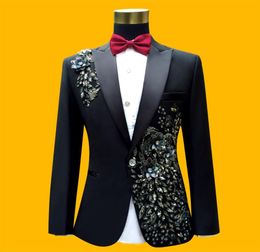 Man Suits Wedding Groom Dress Applique Flowers Sequins Blazers Prom White Black Red Suit Singer Host Stage Wears dsy1221244071