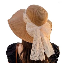 Wide Brim Hats Women Straw Hat Lace Bow Faux Pearl Decor Sun Curled Hem Fringe Edge Po Prop Outdoor Cap