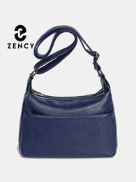 Drawstring Zency Genuine Leather Women Shoulder Bag High Quality Elegant Lady Crossbody Bags Dark Blue Messenger Four Zip Pockets