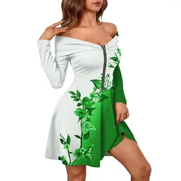 Casual Dresses Women'S Fashion Long Sleeve Floral Print Zipper Sexy Off-Shoulder Dresss Vestidos Para Mujer Elegantes Y Bonitos