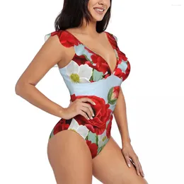 Women's Swimwear Sexy One Piece Swimsuit Women Floral Border Poppies Anemones Ruffled Monokini Female Bodysuit Girl Beach Bathing Suit