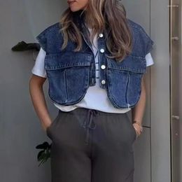 Women's Blouses Cropped Denim Shirt Stylish With Flap Pockets Single Breasted Short Outwear For Women Lapel Top Summer