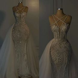 Drepulazione della sirena del grafico splendido matrimonio overkirts cinturini per perle perle abiti da sposa abiti da sposa spazzano treno Dubai Robe de mariage es