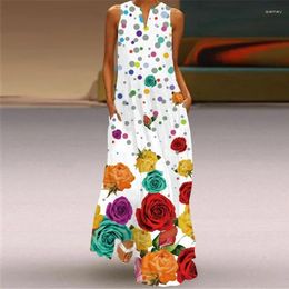 Casual Dresses Floral Polka Dot Print Long Skirt Bohemian Style - V-neck Sleeveless Wide Hem Ankle Length Dress