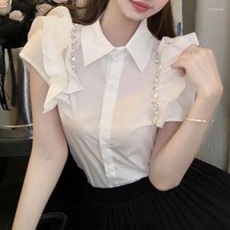 Women's Blouses Flying Sleeve Ruffled Tops Korean Fashion Pleated OL White Shirt Single-breasted Diamond Women Blouse