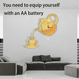 Clocks DIY 3D Frameless Wall Clock Silent Non Ticking Modern Creative Teapot Cup Wall Clock Stickers for Room Bedroom Kitchen Decor