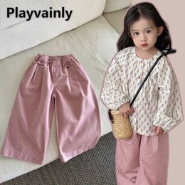 Hose Neue Frühling Herbst -Baby -Mädchen Weitbein Hosen rosa elastische Taille Lose Children Casual Vielseitig vielseitig H240507