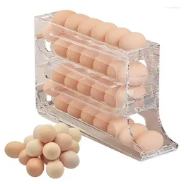 Kitchen Storage Transparent Refrigerator Automatic Scrolling Egg Rack Holder 4 Tiers Box Rolling Basket Container