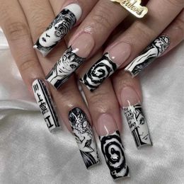 False Nails Horror Manga Gothic Style Fake Nails Black White Anime Nail Art Press on Nails Nail Accessories Popular False Nails Nail Tips T240507