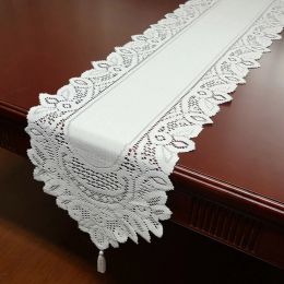 Linens Vintage Lace Tablecloth Knitted Floral Table Runner Tasselled Edge Tablecloth Wedding Home Party Decoration