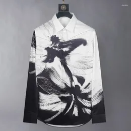 Men's Casual Shirts Brand Dragonfly Print Men Long Sleeve Silk Fashion Slim Fit Business Social Streetwear