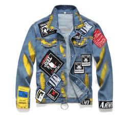 Mens Designer Denim Jackets Punk Rings Badges Painted Denim Jackets Hip Hop Jeans Coat Male Tops9699545