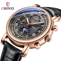 Wristwatches Chenxi 976 Leather Chronograph Date Men's Phase Of The Moon Timing Business Luminous Quartz Watch Relojes Para Hombres