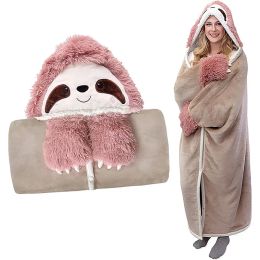 Gloves Autumn Winter Cartoon Cozy Cartoon Sloth Hooded Tv Blanket With Gloves For Adults And Kids Soft And Warm Flannel Fleece Throw