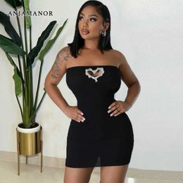 Urban Sexy Dresses ANJAMANOR Love Rhinestone Hollow Out Strapless Mini Dress Ribbed-knit Black Red Sexy Summer Dressses for Women Clubwear D82-BC17 T240507