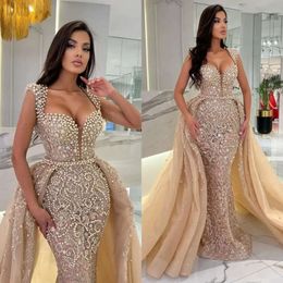 Beading Sequins Overskirts Champagne Pearls Formal Prom Party Gowns Dresses For Special Ocns Sweep Detachable Train Evening Gown