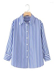 Women's Blouses 2024 Summer Casual Striped Print Ladies Office Style Blue Loose Shirts Girls Turn-Down Collar Long Sleeve Classic Poplin