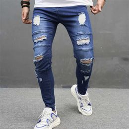 Men's Jeans Stylish Men Splicing Distressed Blue Skinny Biker Jeans Pants HipHop Strt Male Stretch Holes Cotton Denim Trousers Y240507