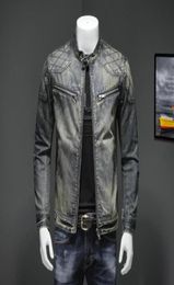 Men039s Blue Denim Vintage Classic Biker Motorcycle Jacket Stand Collar Retro Slim Fit Distressed Racer Jeans Coat Drop Shippin1131784262