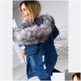 Damenjacken Winterjacke Frauen Denimmäntel Fell Kapuze Jean Dicke Langarm Outwoled Outwear Top Jeans XS-5xl Drop Deli DHVJV