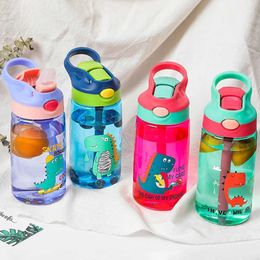 Cups Dishes Utensils 480ml dinosaur childrens water bottle small mouth cup cartoon leak proof plastic bottle outdoor portable childrens cup with strawL2405
