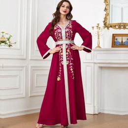 Ethnic Clothing Muslim Women Embroidery Beaded Long Maxi Dress Eid Ramadan Jalabiya Dubai Turkey Abaya Kaftan Islamic Morocco Robe Belted