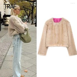 Women's Jackets Jacket Autumn Winter Crop Faux Fur Coat Plush O-Neck Long Sleeve Top In Outerwear Elegant Fluffy Warm