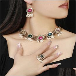 Earrings & Necklace Luxury Shiny Rhinestone Flower Wedding Jewellery Set Brides Gold Plated Colorf Crystal Earring Ring African Drop De Dhi9P