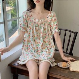 Women's Sleepwear Summer womens casual retro pajamas with shorts and sleeves solid color sweet and gentle girl lace WX