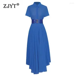 Work Dresses ZJYT Summer Chiffon Blouse And Long Asymmetrical Skirt Set 2 Piece For Women Blue Vacation Outfit Runway Designer Dress Sets