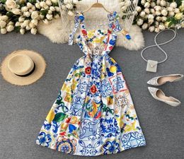 Fashion Runway Summer Dress New Women039s Bow Spaghetti Strap Backless Blue and White Porcelain Floral Print Long Dress 2103155374004