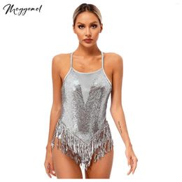 Stage Wear Women Sequins Fringed Latin Jazz Dance Leotard Samba Chacha Tango Figure Skating Dancing Performance Costume Sleeveless Bodysuit