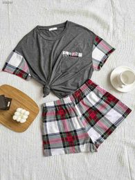 Women's Sleepwear Summer womens pajama set spiral neck solid short sleeved top tee and plain short sleeved womens pajama 2-piece set WX