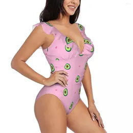 Women's Swimwear Women Cute Avocado And Hearts One Piece Sexy Ruffle Swimsuit Summer Beach Wear Slimming Bathing Suit