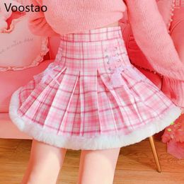 Skirts Sweet Lolita Style Women Korean Fashion Kawaii Lace Lace-Up Pink Plaid Pleated Mini Girls Faldas Mujer Moda