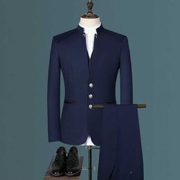 Men's Suits Blazers Standing collar mens jacket pants vest business wedding Trousers waist high-quality ultra-thin set Q240507
