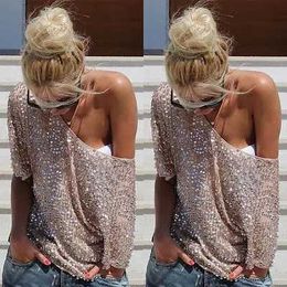 Women's T-Shirt 2017 Women T-shirt Fashion Short Sle O-neck Pullover Hot Sale Lady Sequined Bling Shiny Casual Loose Tops Plus Size S-XXL d240507