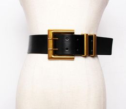 Fashion Women Wide Belt Gold Big Mental Double Pin Buckle Female Black PU Leather Belts Dress Coat Waist Corset Strap6022149