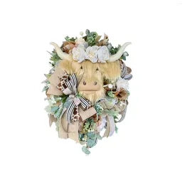 Decorative Flowers Welcome Farmhouse Cow Head Door Signs Wreath Wooden Calf Front Hangings Porch Home Restaurant Cafe Wall Decor