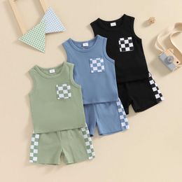 Clothing Sets Newborn Baby Boy Summer Sleeveless Pocket Tank Tops+Checkerboard Shorts Toddler Casual Clothes Tracksuits H240507