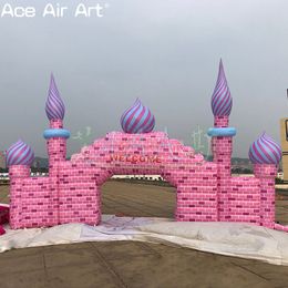 Partihandel 10 m w x 8m h (32,8x26ft) rosa båge Uppblåsbar slottbåge Pop Up City Wall Archway -ingång med gratis luftblåsare för utomhusdekoration eller händelse