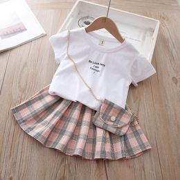 Clothing Sets 2024 Summer Fashion Girls For Kids Short Sleeve Tops Plaid Skirt Bag 3Pcs British Outfits Suit 2-6 Years