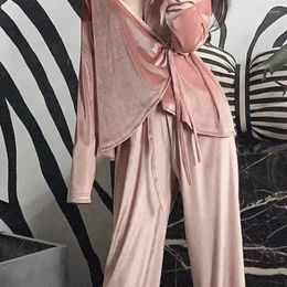 Women's Sleepwear Pyjamas Female Spring And Autumn Kimono Sex Appeal Long Sleeve Loungewear Two-piece Canary Velvet Solid Colour Lacing