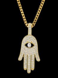 Iced Out Copper Hamsa Hand Pendant Necklace Cubic Zircon Fatima Palm Necklace Hip Hop Mens Women Jewelry Drop 9091047