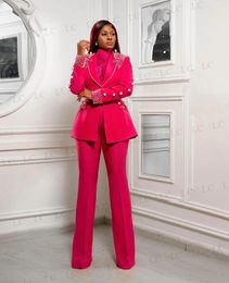 Women's Two Piece Pants Rose Pink Slim One Button Women Suits 2 Pieces Blazer Pearls Peaked Lapel Tuxedo Prom Party Formal Plus Size Costume