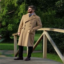 Men Double Wool Party Beige Suits Breasted Suit Customized Tuxedo Fit Formal Wear Handsome Long Coat