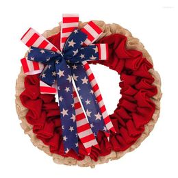 Decorative Flowers 4th Of July Wreath Handcrafted Bow Patriotic Decoration Red White And Blue Memorial Day Festival Garland Hanging